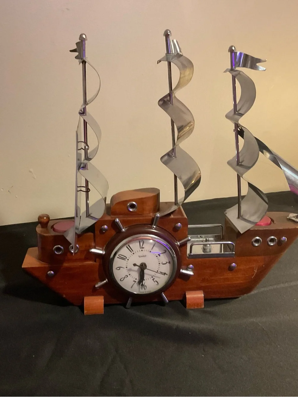 Wooden Ship Clock Wall Decor in Brown and Silver